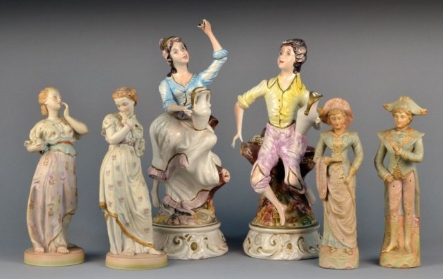Three Pairs of Figures: Including a pair of pottery figural lamp bases. Tallest height 20 inches. Provenance: Estate of Leo Barrile, Leo's Antiques in Bensonhurst NY