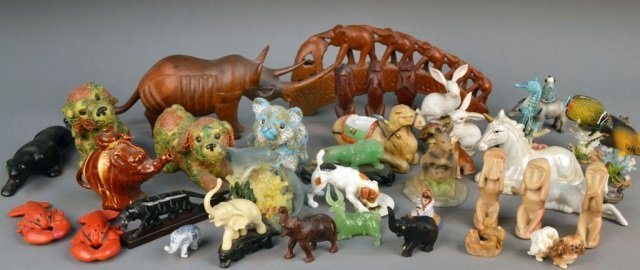 Miscellaneous Group of Animal Figures: Including Rhinoceros', elephants, horses, etc. Carved wood, ceramic, stone, etc. Provenance: Estate of Leo Barrile, Leo's Antiques in Bensonhurst NY