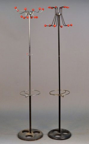 Two Modernist Coat Racks: One chrome and one patinated metal, both with red accent hooks. Height 66 inches.