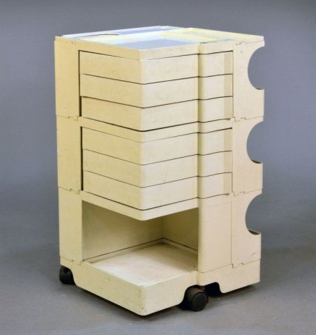 Joe Colombo Work Trolley: Italy, circa 1968. Rectangular top over an assortment of drawers, shelves, and slides. Height 29 inches, width 17 inches, depth 16 inches.