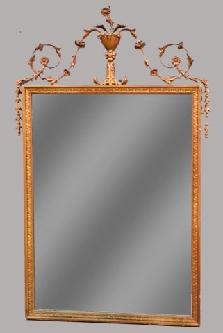 Neoclassical Style Wood Mirror: Surmounted by scrolls centering an urn. 42 x 26 inches. Provenance: Estate of Leo Barrile, Leo's Antiques in Bensonhurst NY
