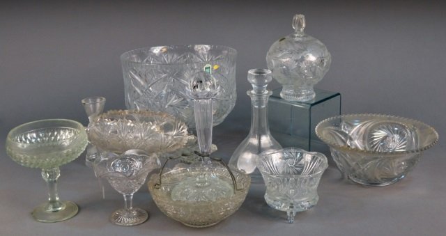 Group of Colorless Glass Table Articles: Including a pedestal bowl, a decanter, a compote, two vases, a covered dish, etc. Provenance: Estate of Leo Barrile, Leo's Antiques in Bensonhurst NY