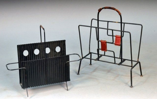 Two French Bent Metal Magazine Racks: One, after Jacques Adnet; the other, after Mathieu Mategot. Taller height 18 inches.