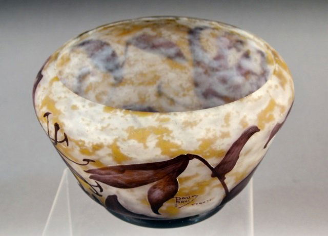 Daum Nancy Art Glass Bowl: French, 20th century. Purple floral decoration. Height 5 inches, diameter 8 1/2 inches.