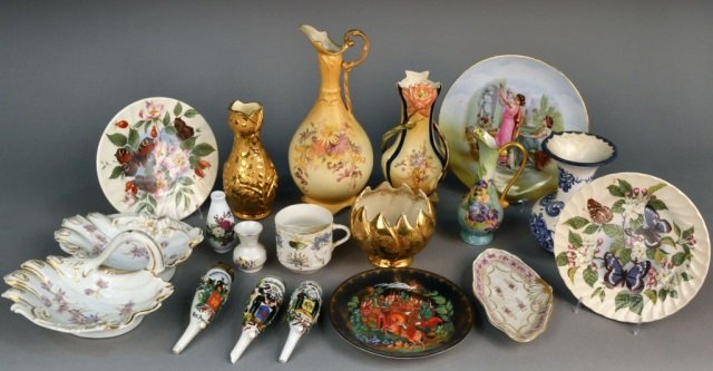 Group of Continental Porcelain Decorations: Including vases, ewers, dishes, etc. Tallest height 12 inches. Provenance: Estate of Leo Barrile, Leo's Antiques in Bensonhurst NY