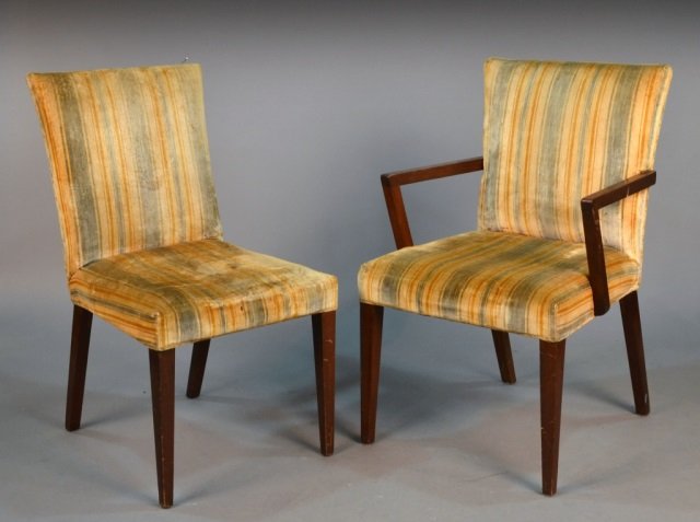Set of Four Dining Chairs by Robsjohn-Gibbings: Circa 1950s. Comprising one armchair and three side chairs. Each with striped velour upholstery, square tapered legs. Armchair height 36 inches, width 23 inches, depth 22 inches.