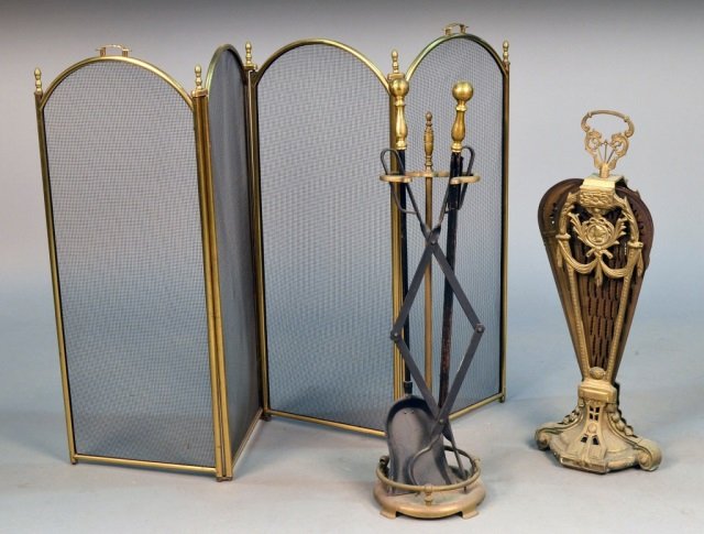 Group of Brass Fireplace Equipment: Comprising a set of tools, a four panel fire screen, and a fan shaped screen. Four panel screen, height 33 inches. Provenance: Estate of Leo Barrile, Leo's Antiques in Bensonhurst NY