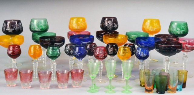 Group of Colored Glass Stemware and Barware: Including wine glasses, champagne glasses, cordials, etc. Various sizes. Provenance: Estate of Leo Barrile, Leo's Antiques in Bensonhurst NY