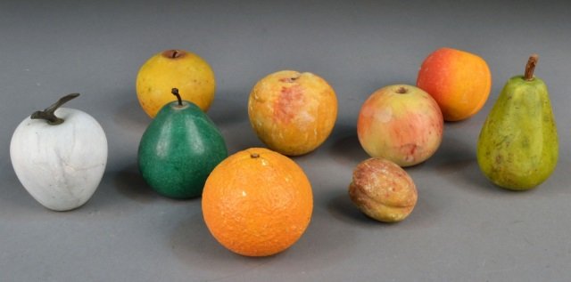 Group of Marble Fruit: Including pears, peaches, apples, oranges, etc. Various sizes. Provenance: Estate of Leo Barrile, Leo's Antiques in Bensonhurst NY