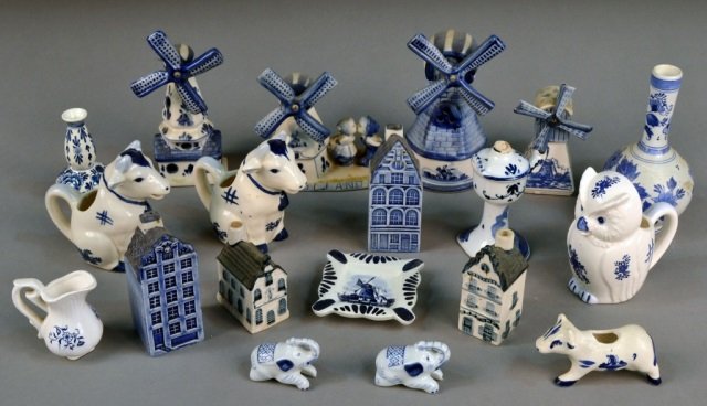 Misc. Group Blue and White Delftware: Including vases, animal figures, miniature windmills, etc. Tallest 7 inches. Provenance: Estate of Leo Barrile, Leo's Antiques in Bensonhurst NY
