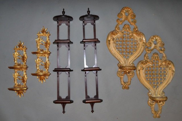 Three Pairs of Wall Brackets: Comprising a pair of rococo style brackets, a pair of bamboo decorated two tier brackets, and a pair of mahogany three tier brackets. Provenance: Estate of Leo Barrile, Leo's Antiques in Bensonhurst N