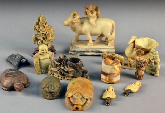 Miscellaneous Group of Carved Hardstone Articles: Including figures, vases, scarab, etc. Various sizes. Provenance: Estate of Leo Barrile, Leo's Antiques in Bensonhurst NY