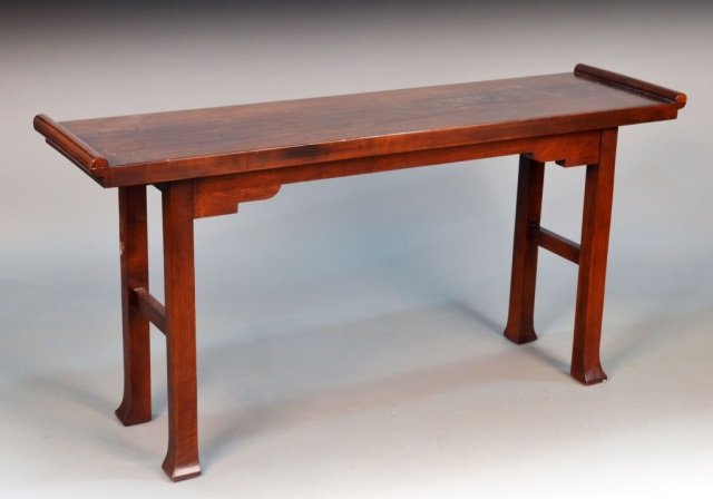 Asian Hardwood Altar Table: Rectangular top with rolled edge, square legs. Height 30 inches, width 60 inches, depth 16 inches.