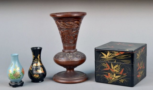Group of Asian Vases and Lacquer Stacking Box: Including carved wood and lacquer examples. Tallest height 11 1/4 inches. Provenance: Estate of Leo Barrile, Leo's Antiques in Bensonhurst NY