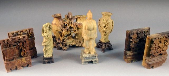 Miscellaneous Group of Carved Hardstone Articles: Including bookends, vases, etc. Tallest height 9 3/4 inches. Provenance: Estate of Leo Barrile, Leo's Antiques in Bensonhurst NY