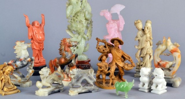 Group of Simulated Carved Hardstone Figures: Various subjects and materials. Tallest height 18 inches. Provenance: Estate of Leo Barrile, Leo's Antiques in Bensonhurst NY
