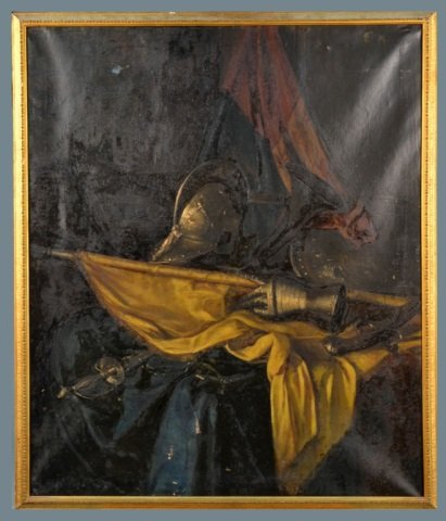 Dutch School (18th/19th Century): Jousting themed still life. Oil on canvas. Canvas size 41 1/2 x 35 1/4 inches. Framed.