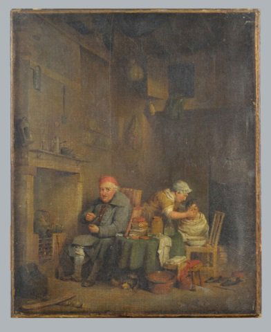 Dutch School (18th Century): Genre scene. Oil on canvas. Canvas size 17 1/2 x 14 3/8 inches. Unframed.