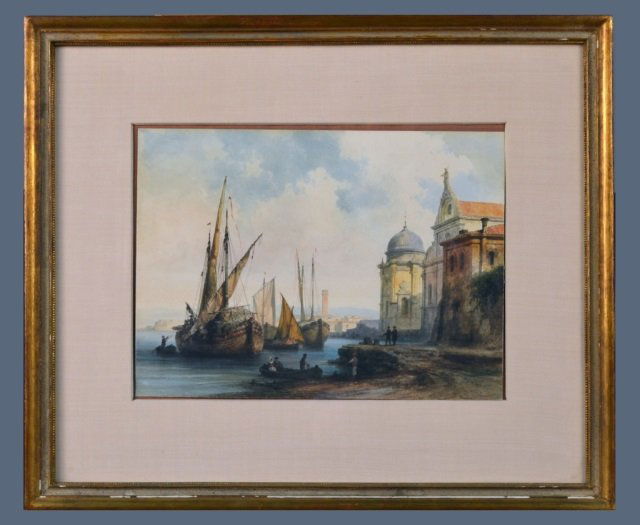 German School (19th Century): Harbor scene. Watercolor on paper. Signed illegibly (l.r.). Sight size 8 x 11 inches. Matted and framed.