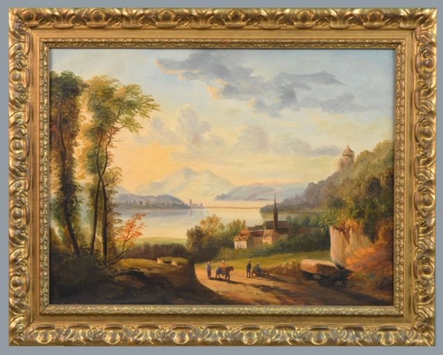 Continental School (19th Century): Pastoral scene. Oil on canvas. Canvas size 18 1/4 x 24 inches. Framed.
