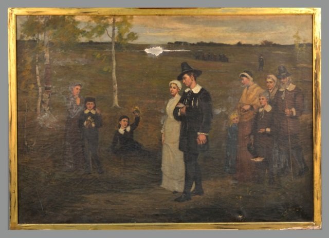 Continental School (19th Century): Burial Scene. Oil on canvas. Canvas size 34 x 48 inches. Framed.