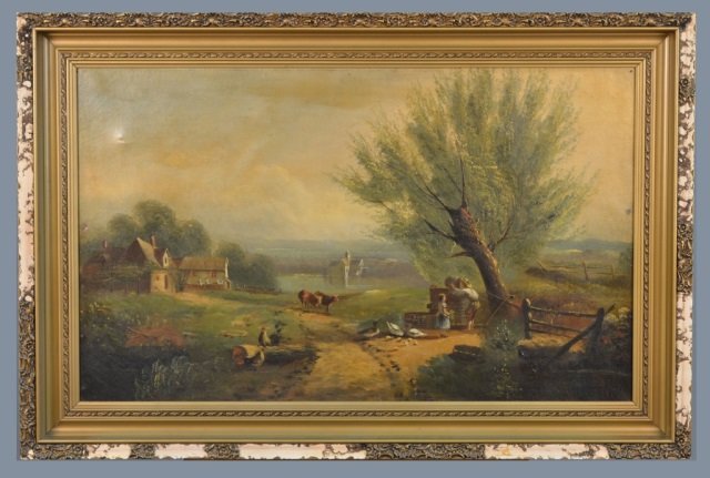 Continental School (19th Century): Pastoral scene. Oil on canvas. Canvas size 22 x 36 inches. Framed.