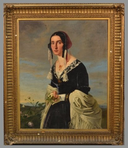 Continental School (19th Century): Portrait of a Woman. Oil on canvas laid on board. Sight size 35 1/2 x 28 inches. Framed.