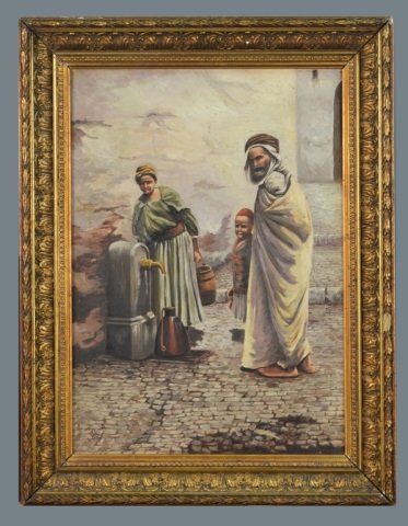 Continental School (19th Century): Middle Eastern Scene. Oil on canvas. Signed "E. Mame" (l.l.). Canvas size 18 1/8 x 13 inches. Framed.