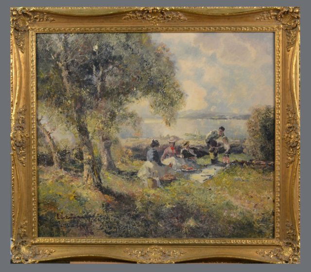Attirbuted to Max Liebermann (German, 1847-1935): Luncheon on the Grass. Oil on canvas. Signed (l.l.). Canvas size 27 x 31 inches. Framed.