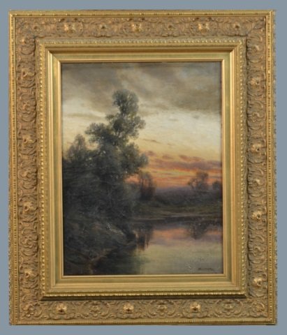 Attr. to Robert Crannel Minor (Am., 1840-1904): Sunset over a marsh. Oil on canvas. Signed (l.r.). Canvas size 20 x 14 7/8 inches. Framed.