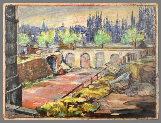 John Piper (British, 1903-1992): Courtyard scene. Oil on masonite. Sight size 24 x 32 inches.