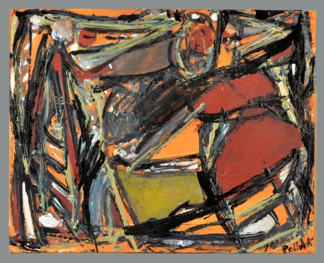 After Jackson Pollock (American, 1912-1956): Orange Abstract. Oil on canvas board. Signed (l.r.). Board size 16 x 20 inches. Unframed.
