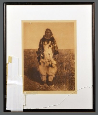Edward Sheriff Curtis (American, 1868-1952): Kobuk Costume. Vintage Photogravure, original image circa 1928, printed by John Andrew & Son and Suffolk Engraving Co. Credited (l.c.), copyrighted (l.r.), titled (l.l.), plate # 722 (u.l.). Image siz