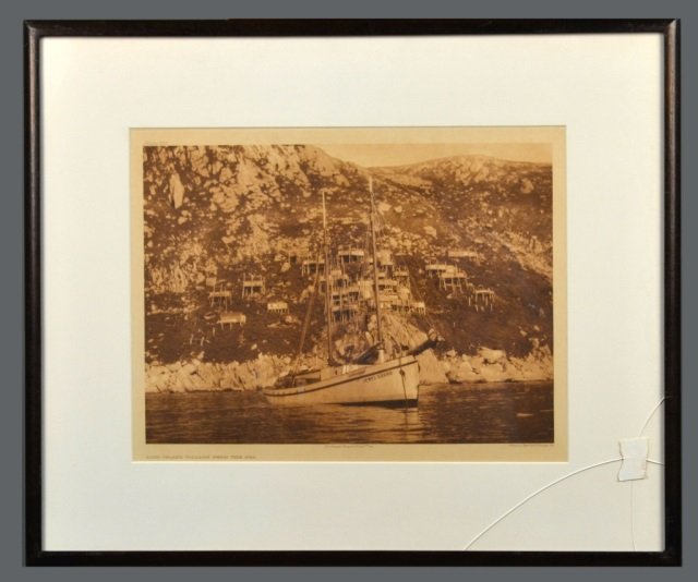 Edward Sheriff Curtis (American, 1868-1952): King Island Village from the Sea. Vintage Photogravure, original image circa 1928, printed by John Andrew & Son and Suffolk Engraving Co. Credited (l.c.), copyrighted (l.r.), titled (l.l.), plate # 70