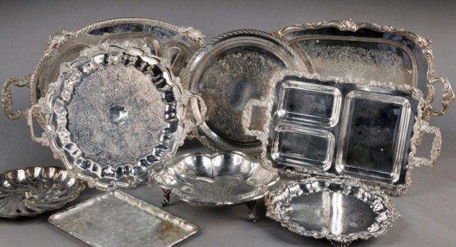 Group of Silver Plated Trays: Various makers, assorted styles, including rectangular serving trays, circular trays, divided tray, etc.