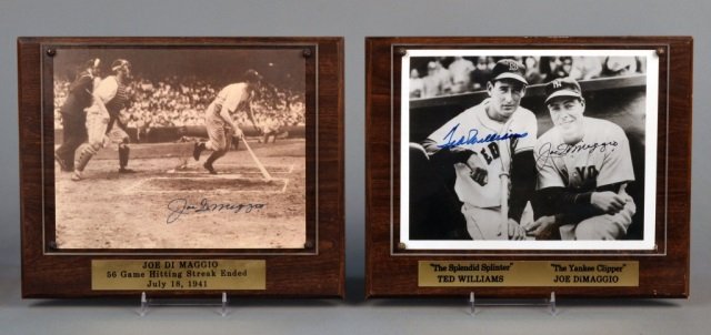 Joe DiMaggio & Ted Williams Autographed Plaques: One, a photo plaque signed by Ted Williams and Joe DiMaggio; the other, a signed Joe DiMaggio photo plaque "56 Game Hitting Streak Ended July 18, 1941". Each include stickers reading "All Autographs a