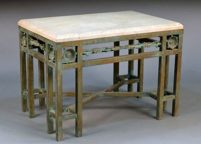 Tavertine Top Metal Table: Rectangular tavertine top with beveled edge, on a patinated bronze base with floral decoration. Height 26 inches, width 36 inches, depth 25 inches.