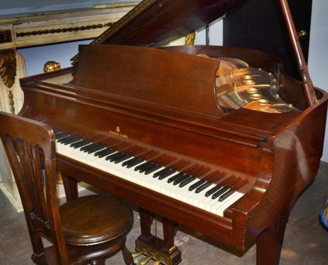 Steinway Baby Grand Piano & a Piano Chair *: Model S #826236, walnut case; together with a revolving high back piano chair. Piano, length 60 inches.