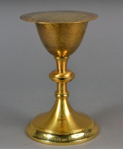 Gilt Metal Chalice and Pater: Engraved inscription on foot. Chalice height 8 inches.