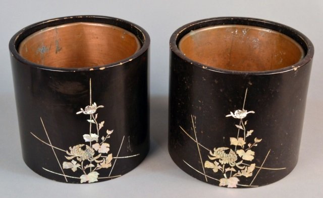 Pair of Asian Papier Mache Jardinieres: Cylindrical, each with butterfly decoration. Height 10 inches, diameter 11 inches.
