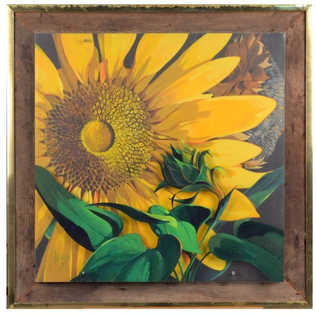 A. Edwyn (American, 20th Century): Sunflower. Acrylic on canvas and on attached plexiglass sheet, mounted on reclaimed barn board. 29 7/8 x 29 7/8 inches. Framed.