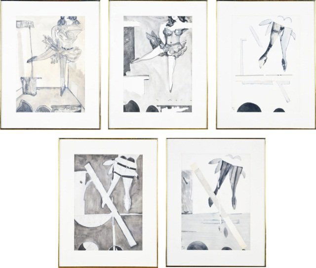 Five Works by Peter Williams (Irish, 1919-1994): Ballet Study no. 1, 2, 3, 4, and 6 by Peter Sheldon Williams (pseudonym A. Oscar). All collage and wash on paper, 1973. All signed in ink (l.l.), dated (l.l.). Sight size all 16 x 11 1/4 inches. All F