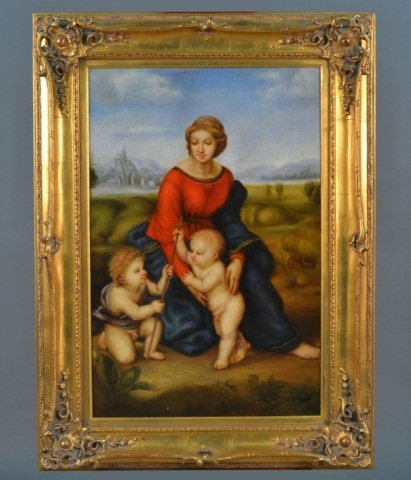 After Raphael (20th Century): Madonna, Child, and St. John the Baptist. Giclee print. Signed illegibly (l.r.). Sight size 35 1/8 x 23 inches. Framed.