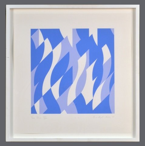 Bridget Riley (British, b. 1931): Two Blues (Schubert 52). Screenprint in colors, 2003, on wove paper, published by Artizan Editions. Signed and dated in pencil (l.r.), titled and numbered 211/250 (l.l.). Image size 15 x 15 inches. Fr