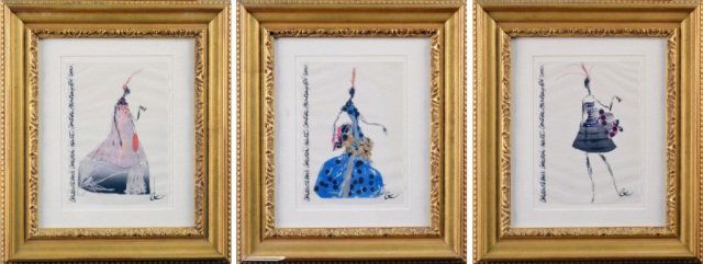 Christian Lacroix (French, b. 1951): Three Haute Couture Collection Fashion Prints. Digital print, 2000, on translucent vellum paper. Initialed (l.r.), titled and dated (left margin). Sheet size 8 1/8 x 5 1/8 inches. Framed.