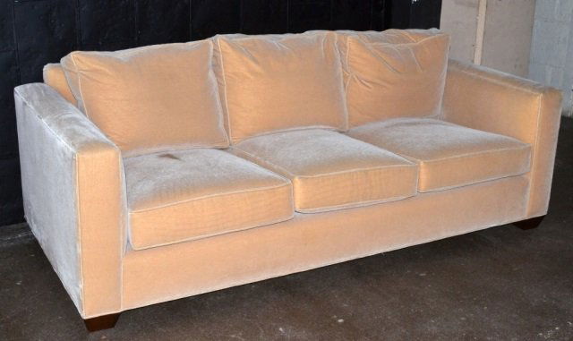 Contemporary Sofa: Rectangular back and arms, and three back and seat cushions. Beige velour upholstery. Labeled Todd Hase, New York. Height 29 inches, width 6 feet 11 inches, depth 39 inches.