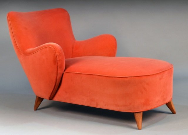 Contemporary Upholstered Chaise: Height 35 inches, width 31 inches, depth 56 inches.