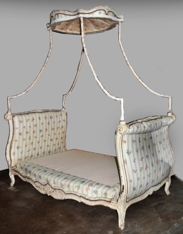 French Painted Tester Bed: Louis XV style, upholstered head and foot boards, crown tester. Height: 8 ft. 6 inches, Width: 7 ft. 3 inches, Depth: 4 ft. 6 inches.