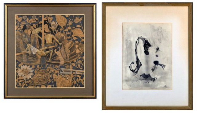 Two Works on Paper (American School, 20th Century): Jeanne Lister. Qui Etes-Vous. Pen and ink wash on paper, 1961. Signed in ink (l.l.), dated (l.l.). Sight size 16 x 12 inches. Three Men with Dragonfly. Charcoal on brown paper. Signed illegibly (l.r.)