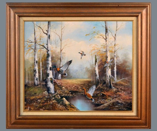 S. Meyers (20th Century): Untitled (wildlife scene). Oil on canvas. Signed (l.r.). Sight size 19 3/4 x 23 3/4 inches. Framed.